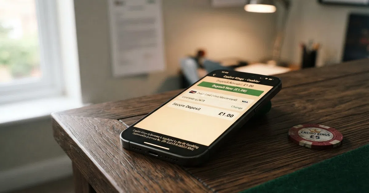 A smartphone screen displaying a UK online casino cashier page with the deposit amount set to £1.00, a debit card icon visible, and the UKGC licence number visible in the footer