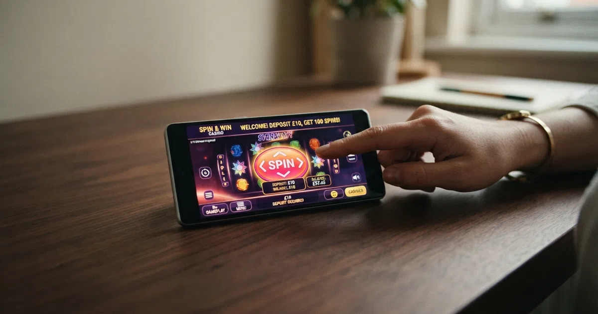 A UK online casino welcome screen showing a £10 deposit amount beside a spin button
