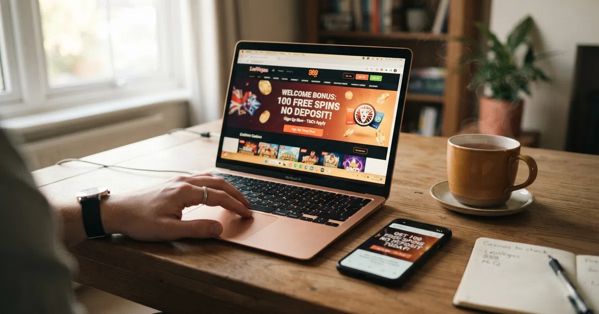 A laptop screen showing a UK online casino registration page with a free spins promotional banner, beside a smartphone displaying the same offer, both set against a clean desk background with a cup of tea