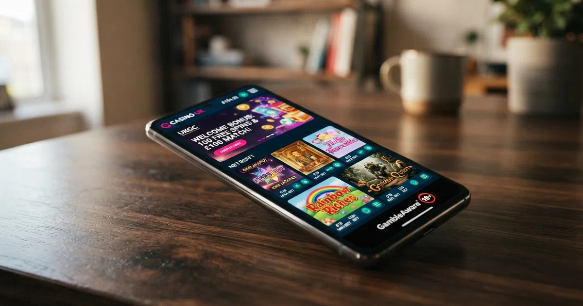 A smartphone screen showing a UK online casino lobby with free-spins promotional banners, slot game thumbnails and a responsible-gambling badge