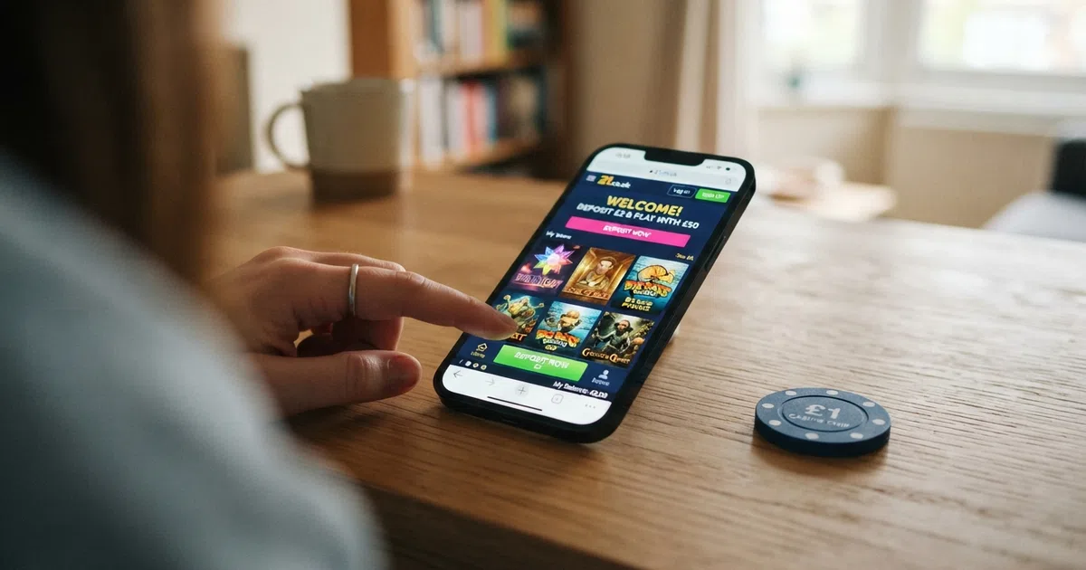 A smartphone screen showing a UK online casino game lobby with a deposit button and low-stakes slot thumbnails