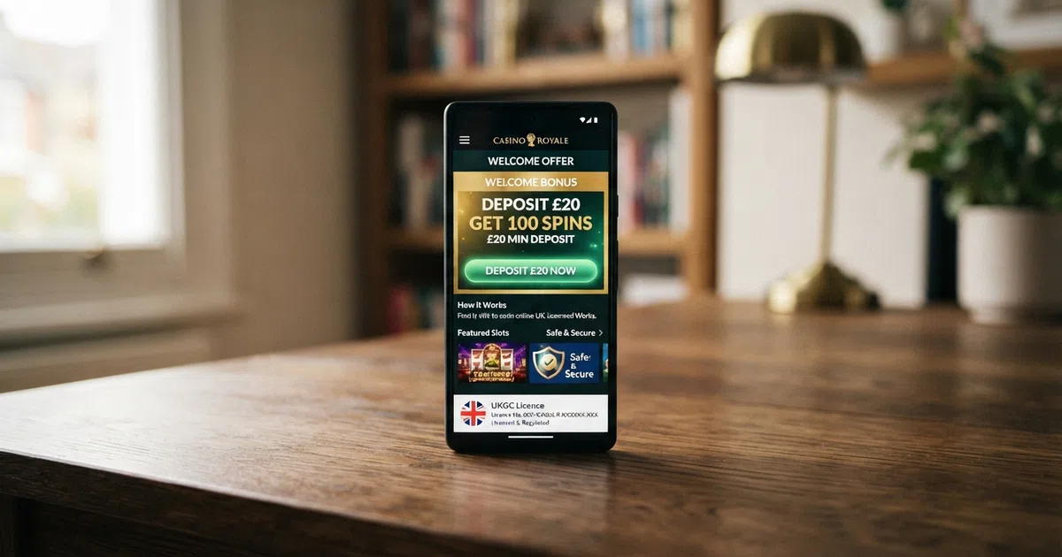A UK online casino welcome screen showing a £20 deposit button, a bonus-offer banner and a UKGC licence badge in the footer