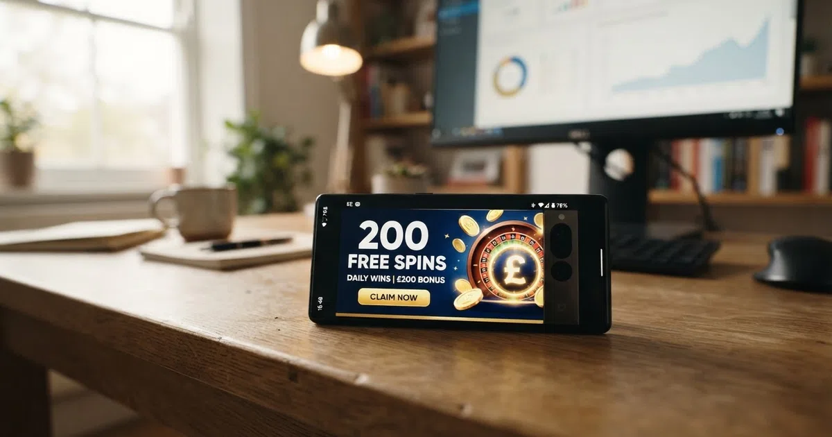 A smartphone screen displaying a UK online casino free-spins promotion page with a padlock icon and the Gambling Commission logo visible