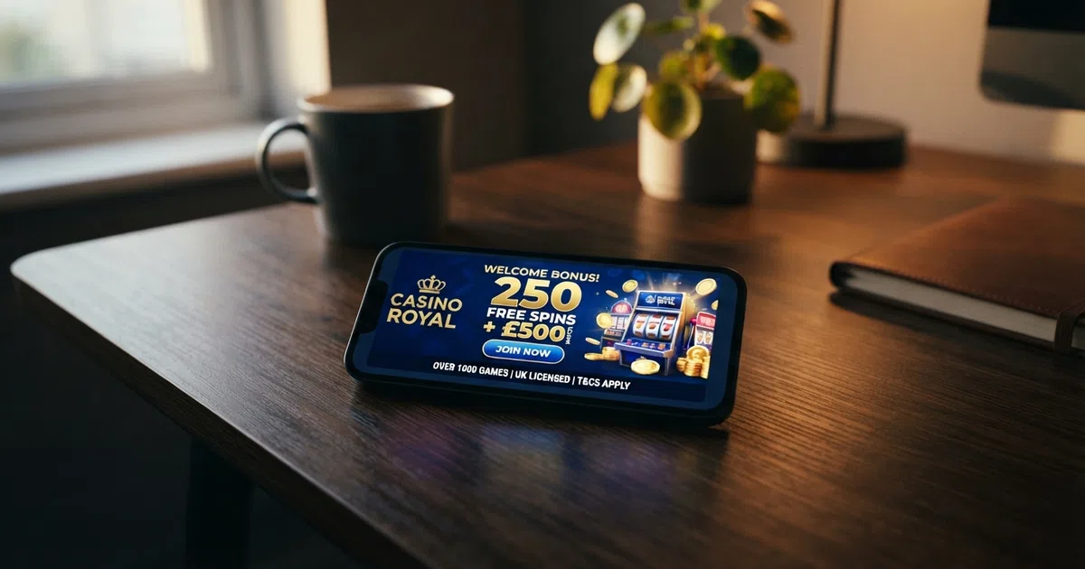 A smartphone screen displaying a UK-licensed casino welcome page with a 250 free spins offer banner, set against a dark background with subtle slot-reel lighting