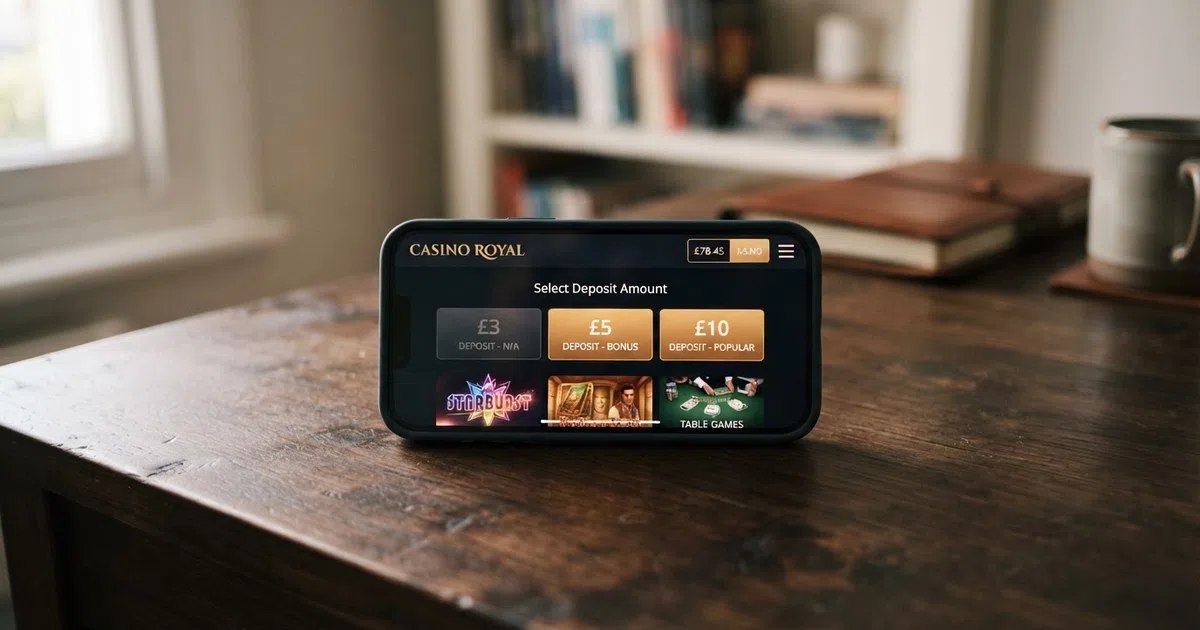 A mobile phone screen displaying a UK online casino lobby with a deposit-amount selector, the £3 option greyed out and the £5 and £10 options highlighted