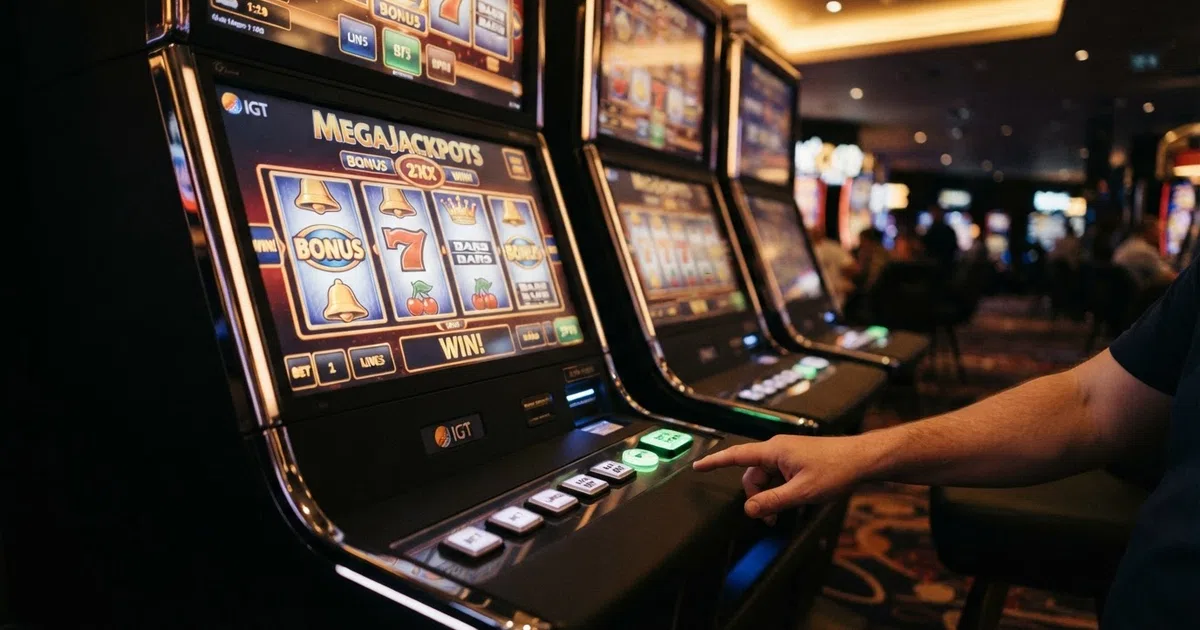 A row of brightly lit slot machine screens displaying bonus free-spin symbols and spinning reels