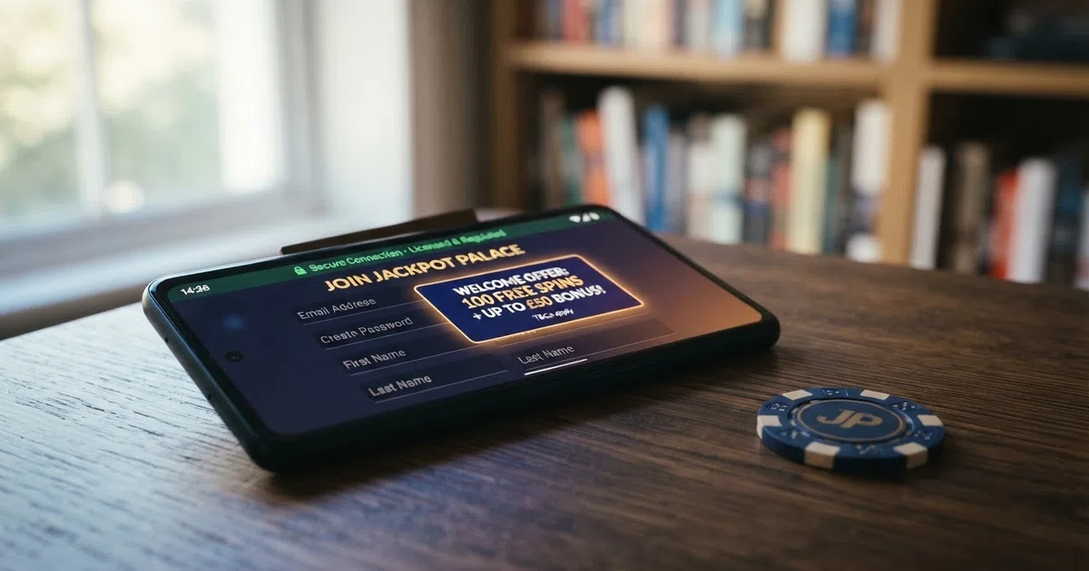 A mobile phone screen showing a UK online casino registration form with a “Free Spins” welcome-offer badge and a padlock icon indicating a secure, licensed connection