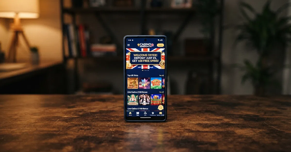 A smartphone screen displaying a UK online casino lobby with low-deposit banners and pound sterling symbols against a dark background