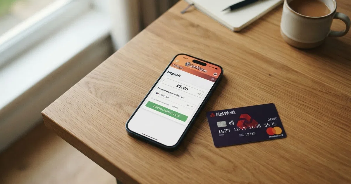 A player making a £5 deposit on a UK online casino banking page, with a debit card and the deposit amount field visible
