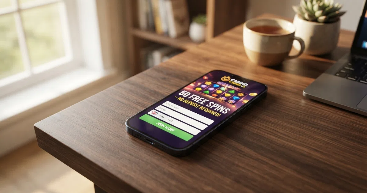 A smartphone screen displaying a casino registration form with a “50 free spins – no deposit required” badge and slot reels visible behind it