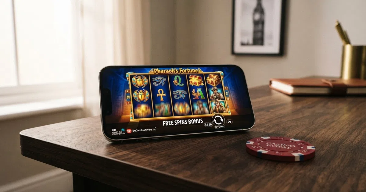 A smartphone displaying a UK online casino slot game with a free spins promotion banner and the Gambling Commission licence number visible in the footer