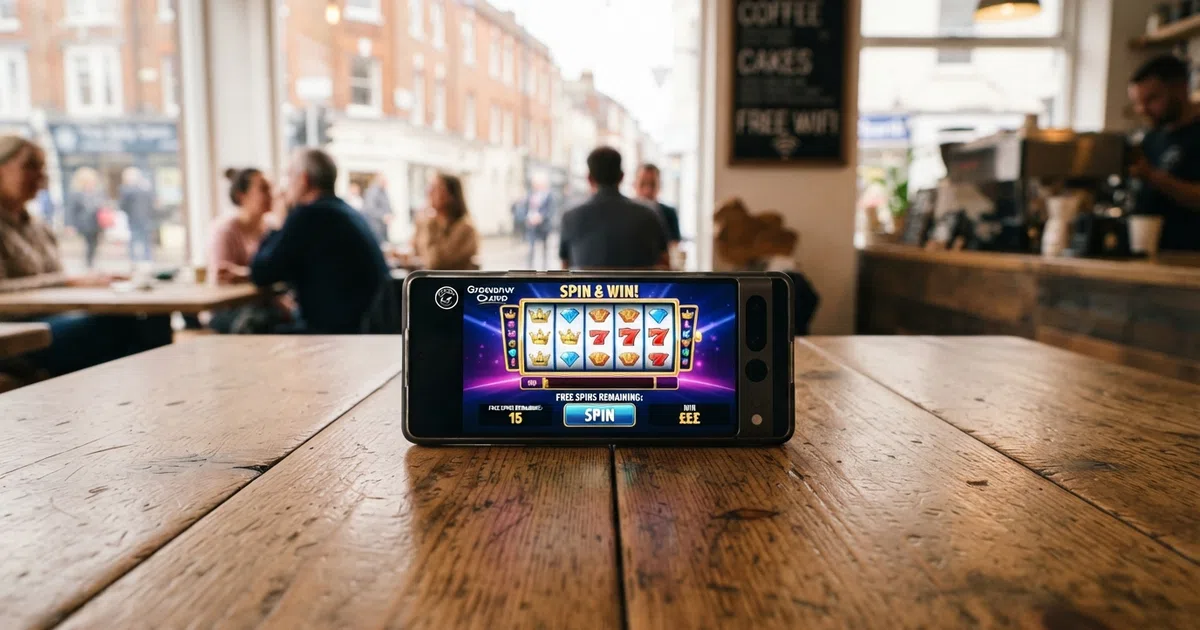 A smartphone screen displaying a UK online casino free-spins promotion page, with a spin counter and slot reels visible, set against a clean British high-street backdrop