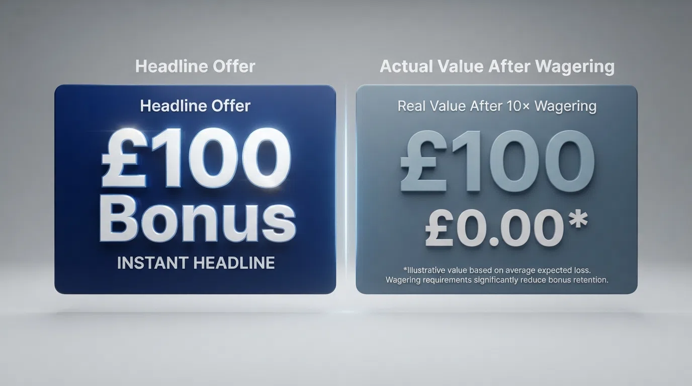Two side-by-side panels showing a welcome-bonus headline figure of £100 on the left and a calculated real-value figure after 10× wagering on the right, with the gap highlighted