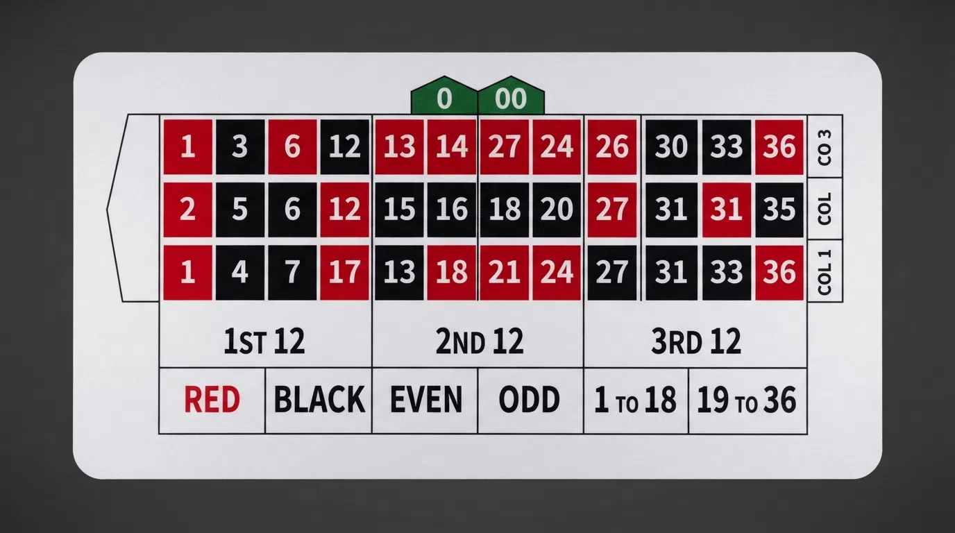 A clear overhead view of the full American roulette table layout showing the numbered grid, the 0 and 00 at the head, and the outside-bet zones for red/black, odd/even, dozens, and columns.
