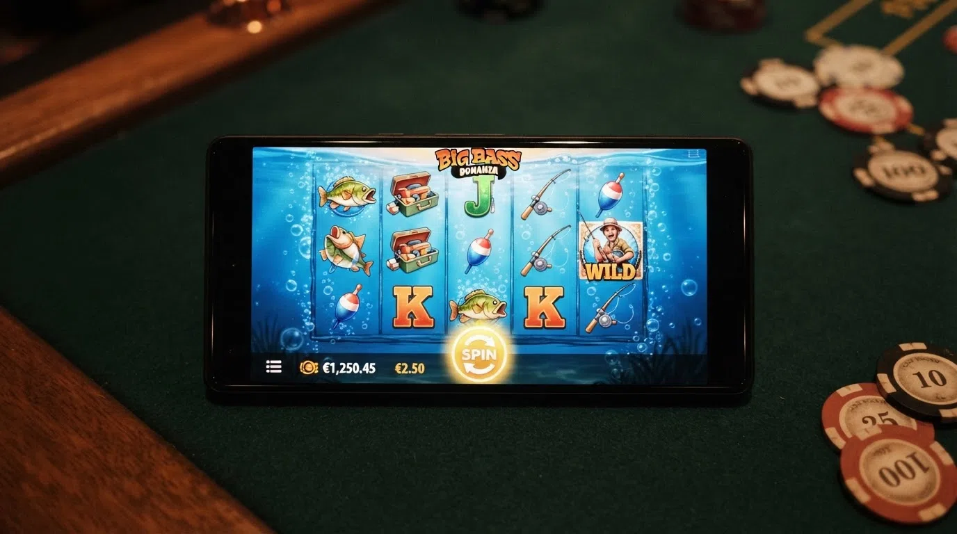 A close crop of an Android phone in landscape orientation showing Big Bass Splash gameplay with the spin button centred at the bottom of the screen