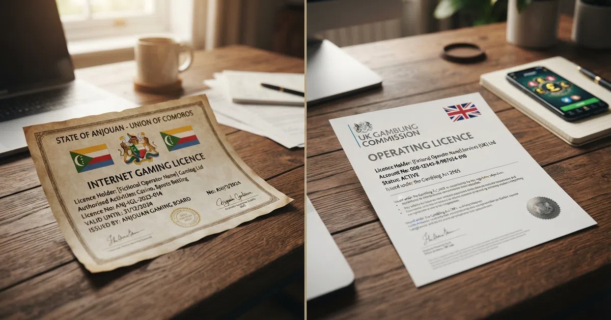 A conceptual split-frame showing an Anjouan gaming licence certificate on one side and a UK Gambling Commission operating licence on the other, with the Union Jack and Comoros flag visible in their respective halves.