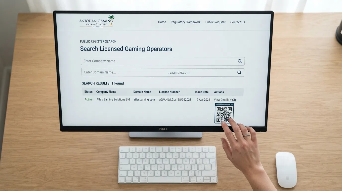 A close-up detail of the Anjouan Gaming public register search interface at Anjouan Gaming, showing the fields for licence number, company name and domain, with a sample QR code visible.