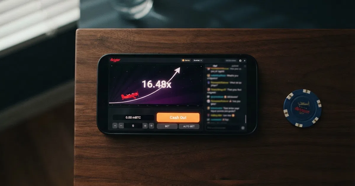 The Aviator crash-game interface on a smartphone screen — a red plane climbing against a dark gradient background, the multiplier number ticking upward in the centre and the cash-out button glowing below it, with the in-game chat feed visible to the right