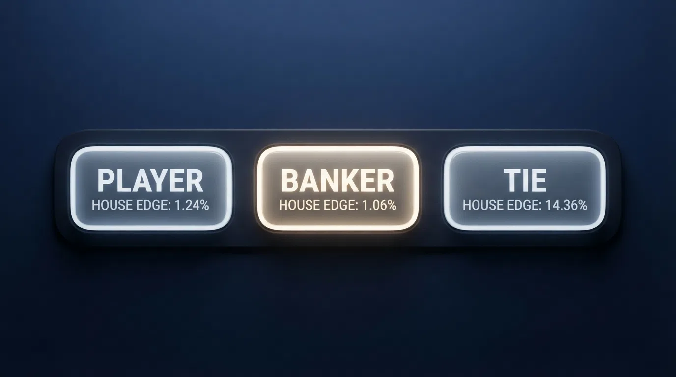 A simplified graphic comparing three bet buttons — Banker (1.06% house edge), Player (1.24%), and Tie (14.36%) — with the Banker button highlighted