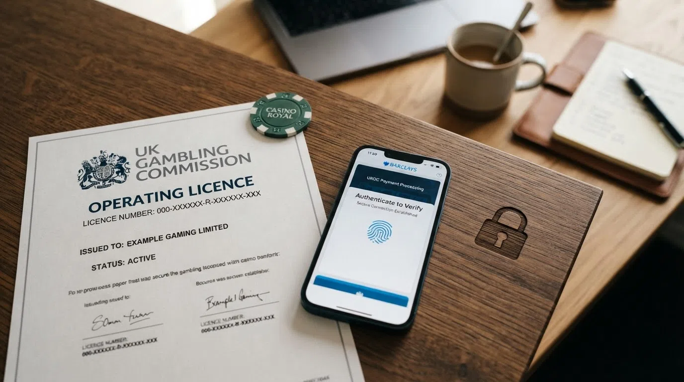 A close-up of a UKGC licence certificate beside a smartphone displaying a banking app's biometric authentication prompt, with a padlock icon overlaid