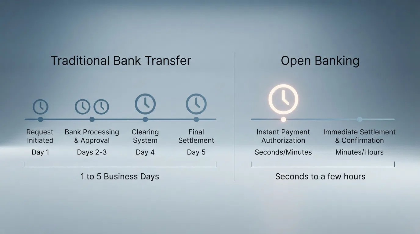A side-by-side diagram showing a standard bank transfer timeline of 1 to 5 days next to an Open Banking timeline of seconds to hours, with a clock icon marking each stage