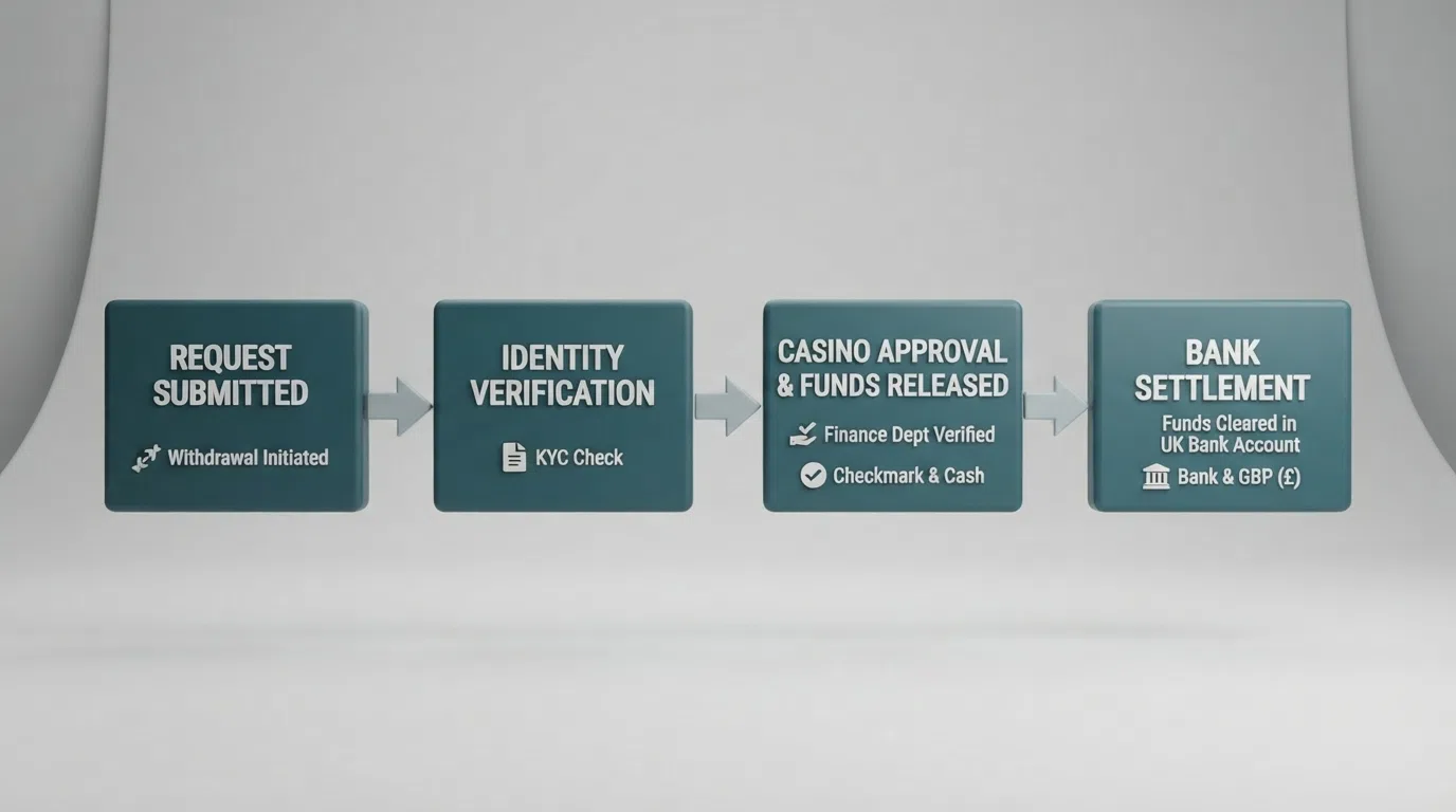 A four-stage timeline diagram showing the steps of a UK casino bank-transfer withdrawal — request submitted, identity verification, casino approval and funds released, bank settlement