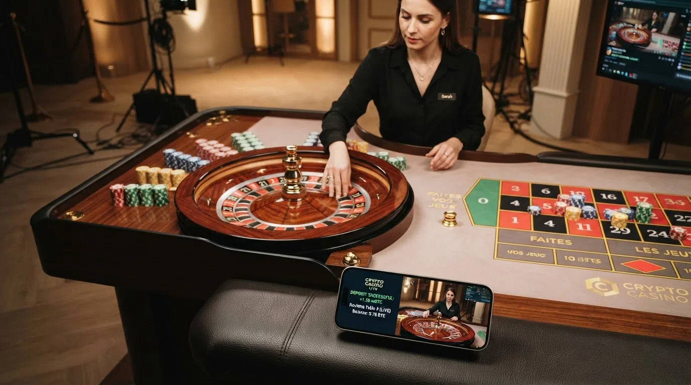 A live-dealer roulette table filmed from above with a croupier spinning the wheel, a tablet screen in the foreground showing a BCH deposit confirmation and a casino game lobby