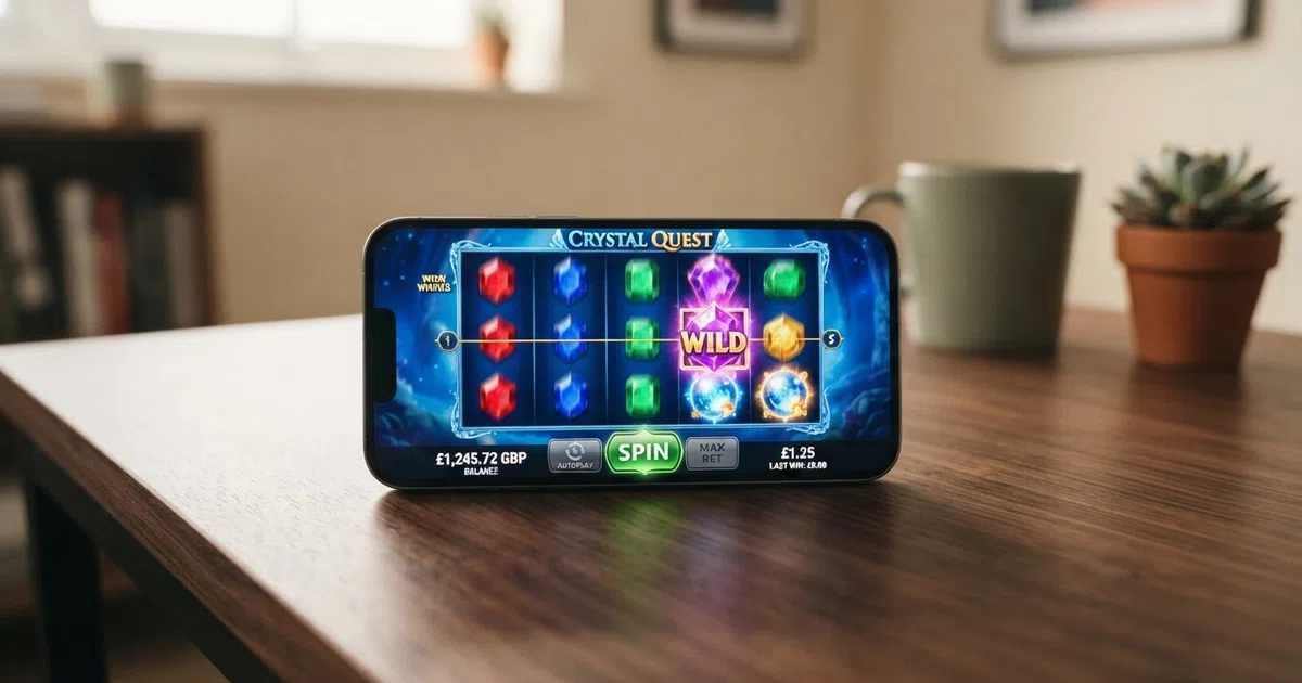 A row of five-reel online slot game tiles displayed on a mobile screen, showing colourful symbols, a spin button and a balance display in pounds sterling