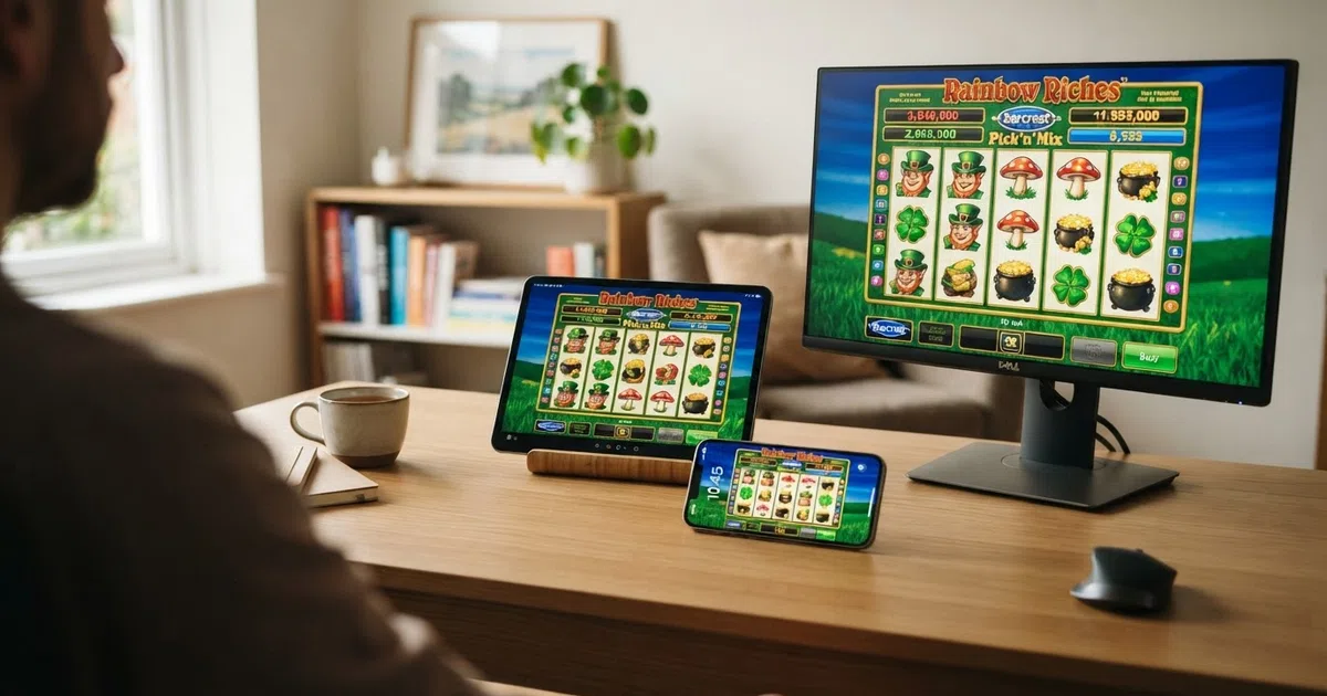 A grid of colourful Barcrest slot reels spread across a desktop monitor, tablet and smartphone screen