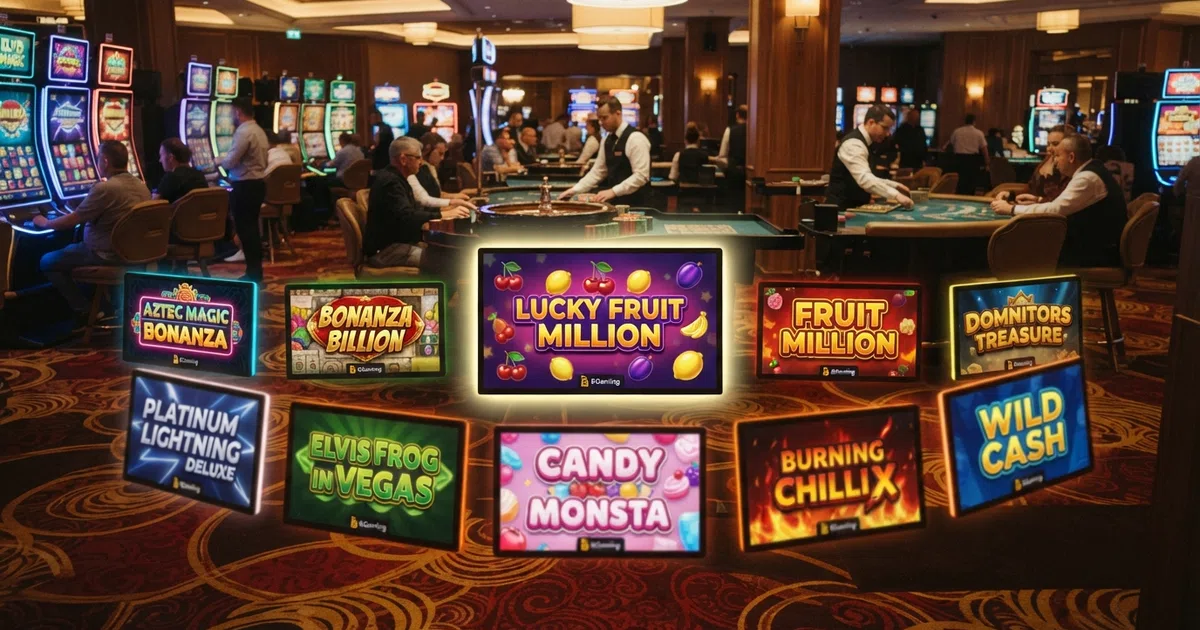 A grid of BGaming slot title cards arranged around the BGaming studio logo, showing the variety of game art styles from fruit slots to Megaways titles