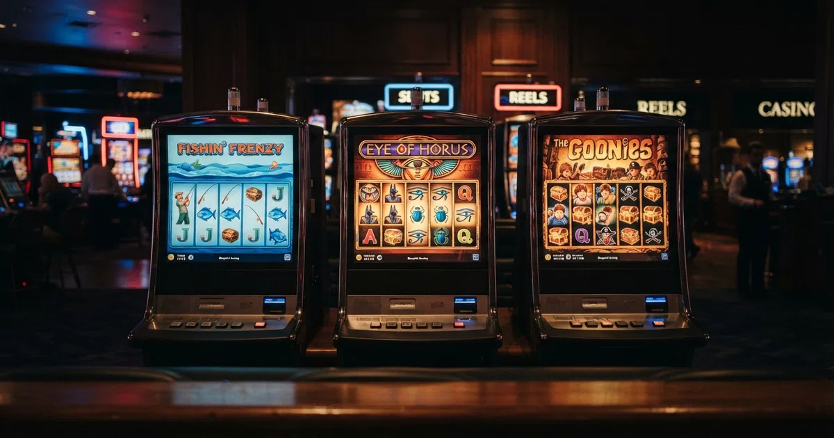 A grid of Blueprint Gaming slot title cards — Fishin' Frenzy, Eye of Horus, The Goonies, and the Blueprint Gaming logo — arranged across a dark background