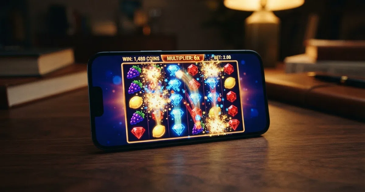 A colourful grid of cascading slot reels mid-animation, with winning symbols exploding and new symbols falling into place