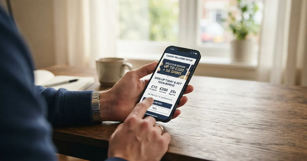 A UK player reviewing casino welcome-offer terms on a smartphone, with operator logos and bonus-amount banners visible on screen