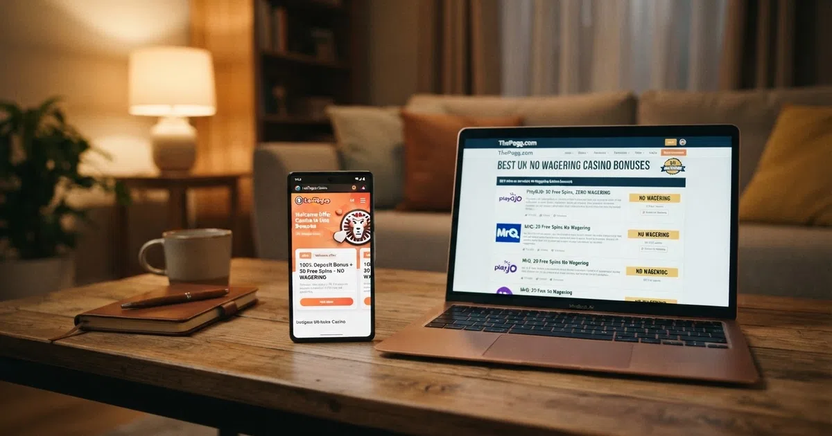 A smartphone and laptop screen displaying UK casino sign-up offer landing pages side by side, with free-spin counts and “no wagering” badges visible on the promotion cards