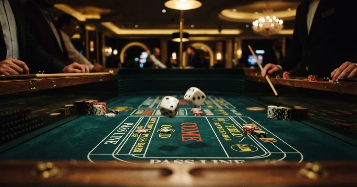 Two dice and a craps table felt seen from the player's side of a British online casino
