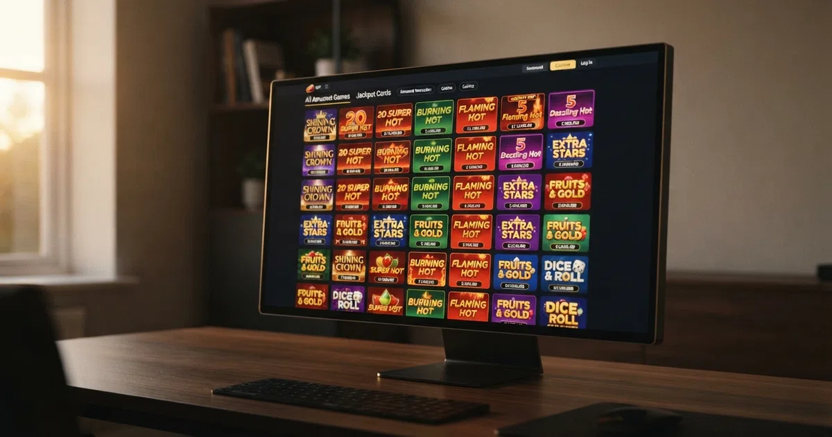 A UK casino lobby screen showing Amusnet/EGT slot thumbnails arranged in a provider-filtered grid, with classic fruit-style cover art visible