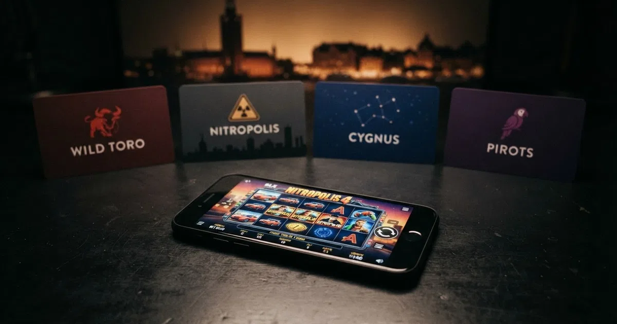 A collage of ELK Studios' most popular slot-title logos — Wild Toro, Nitropolis, Cygnus and Pirots — arranged on a dark background with the studio's Stockholm skyline silhouette beneath, a smartphone in the foreground displaying a slot reel in portrait orientation