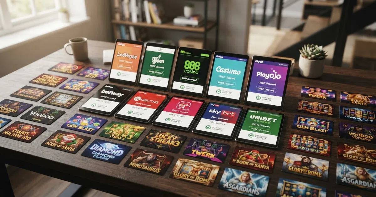 A grid of UKGC-licensed casino homepages and Endorphina slot thumbnails arranged as a comparison spread
