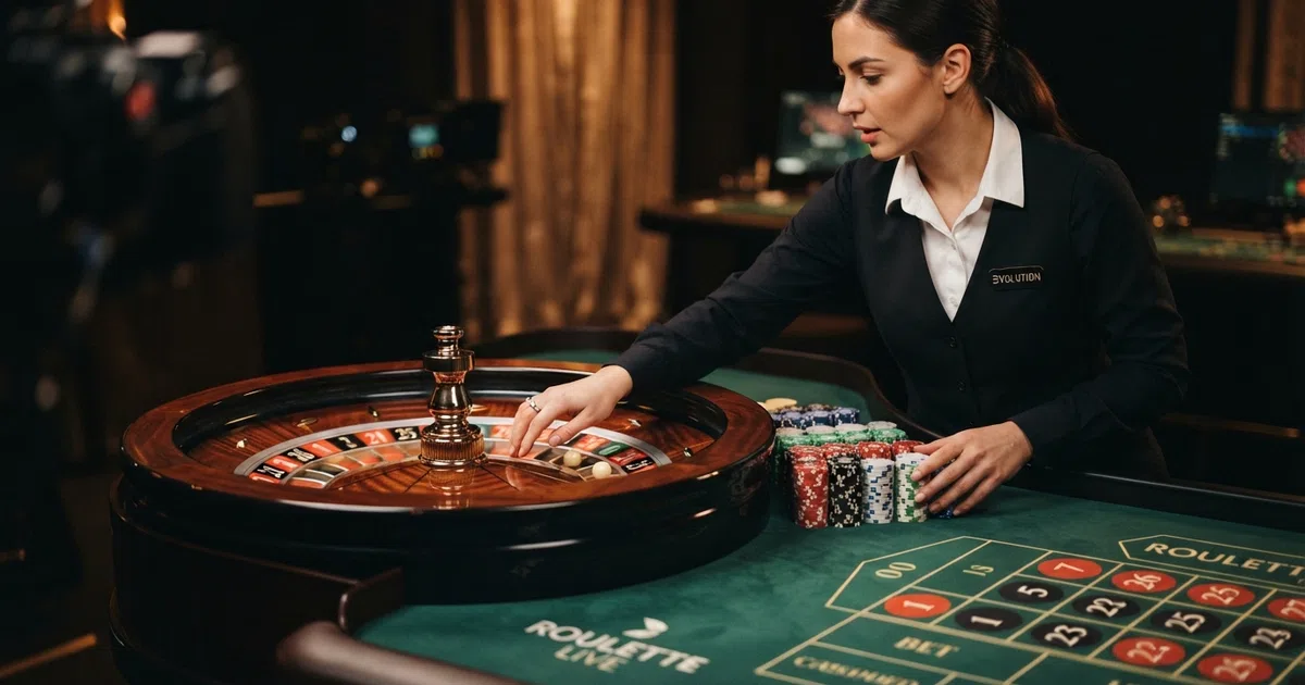 Live dealer at an Evolution roulette table in a dark studio, cards and a wheel under studio light