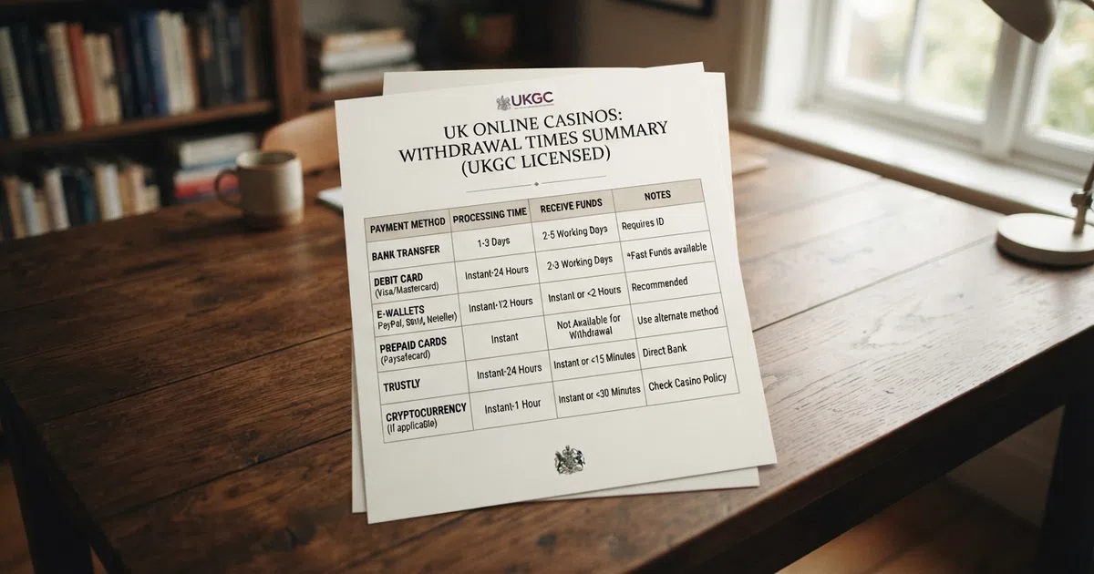 A ranked comparison table of ten UK-licensed online casinos with their tested withdrawal times by payment method
