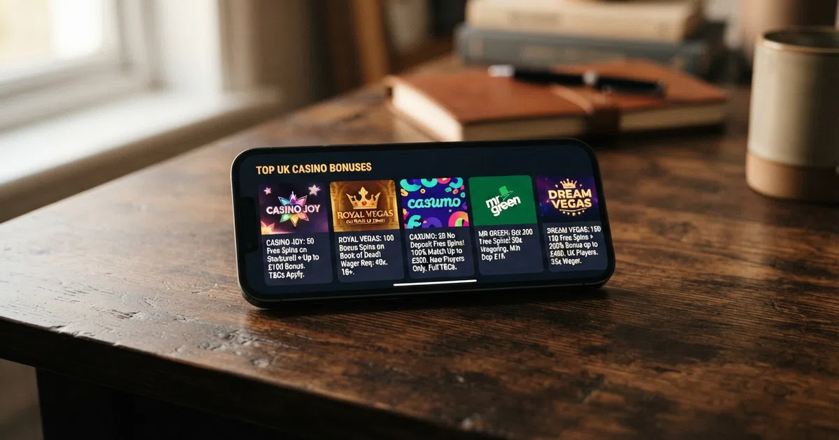 A grid of UK online casino welcome-offer tiles side by side on a smartphone screen, showing free-spin counts and wagering labels