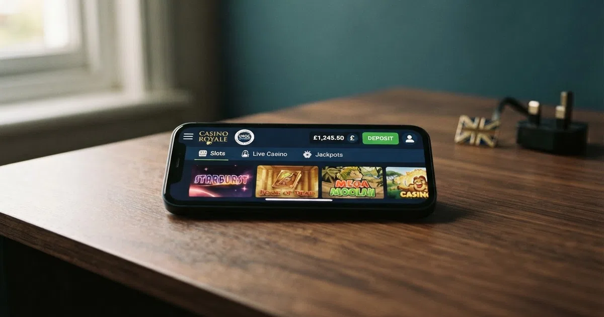 A laptop screen displaying a casino lobby interface with a licence badge and a GBP deposit option visible, set against a split background suggesting a UK location on one side and an international gateway on the other