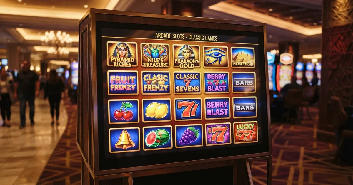 A casino lobby screen showing rows of Greentube and Novomatic slot tiles, including Book of Ra and Sizzling Hot