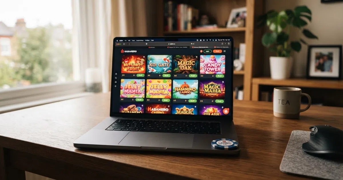 Habanero online casino games lobby showing a grid of colourful slot thumbnails including Hot Hot Fruit and Koi Gate on a desktop browser