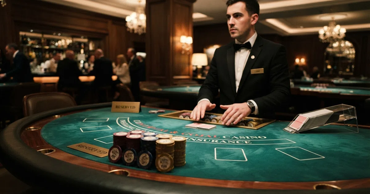A high-stakes live blackjack table with a dealer and luxury casino surroundings, chips stacked high in the foreground