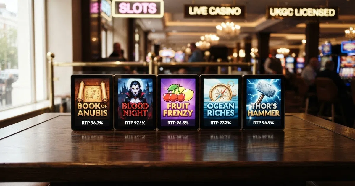 A grid of the highest-RTP online slot game tiles available to UK players — Book of 99, Blood Suckers, Mega Joker and 1429 Uncharted Seas arranged over a UKGC-licensed casino lobby background