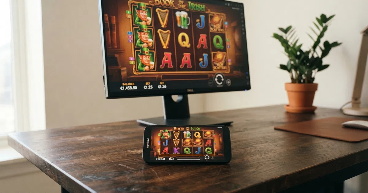 An Inspired Gaming slot grid displayed on a desktop browser and a smartphone side by side, showing the HTML5 cross-platform layout