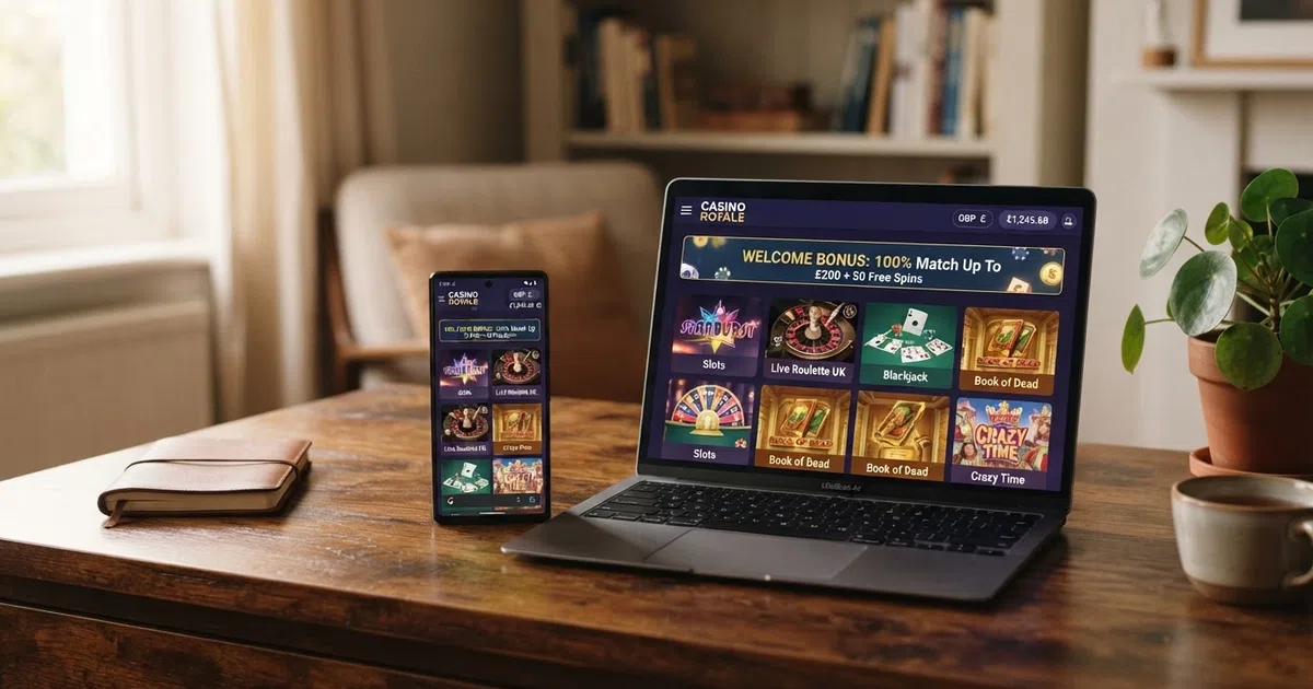 A desktop and mobile screen showing an international online casino lobby with game tiles for slots, live dealer roulette and blackjack, a GBP currency selector visible in the top-right corner, and a “Welcome Offer” banner across the top of the page.