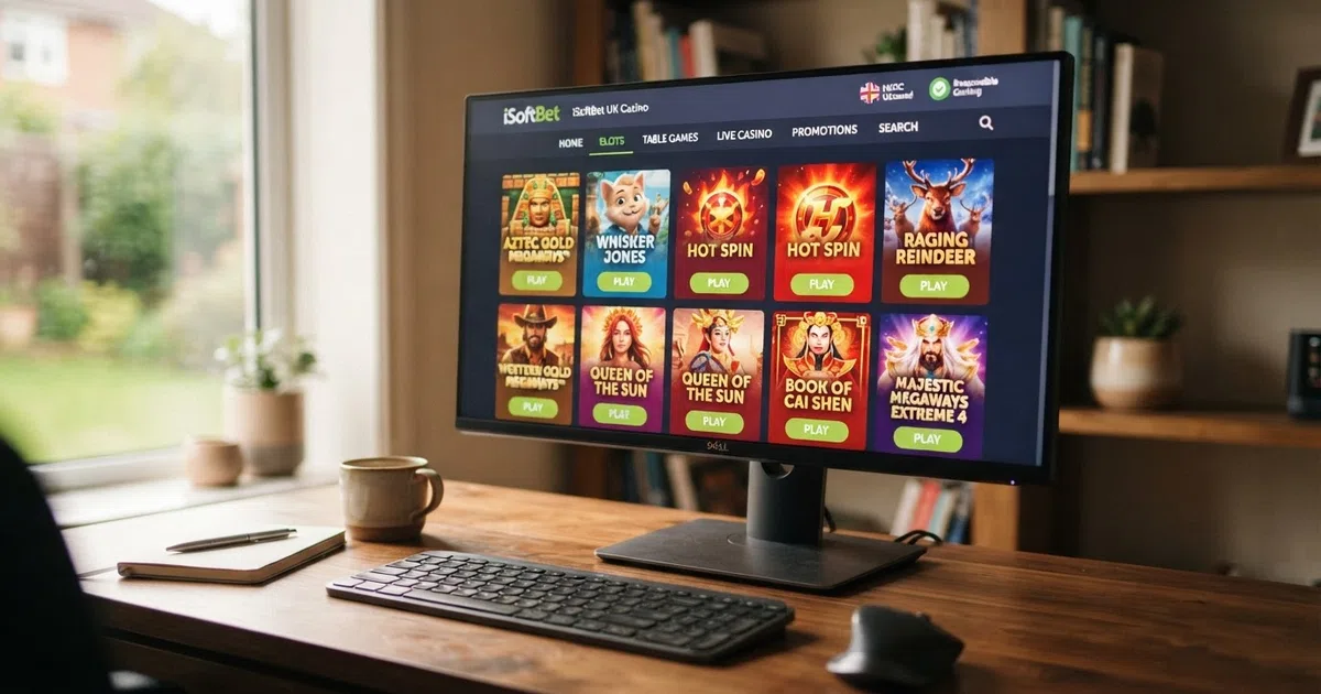 The iSoftBet logo beside a grid of its slot game tiles displayed in a casino lobby interface on a desktop browser, with navigation menus for slots, table games and live casino visible
