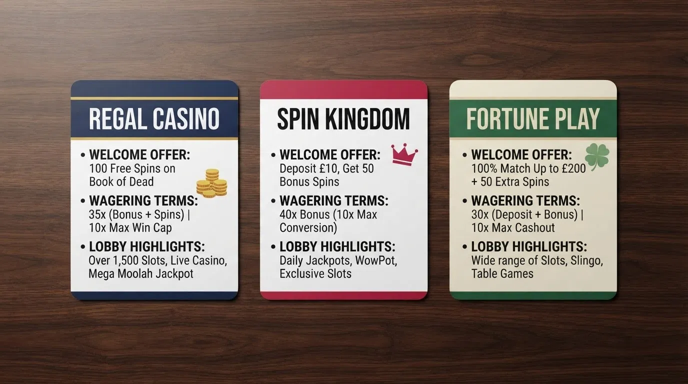 A side-by-side visual comparing welcome-offer highlights, wagering terms and jackpot lobby depth across several UK-licensed casino brands